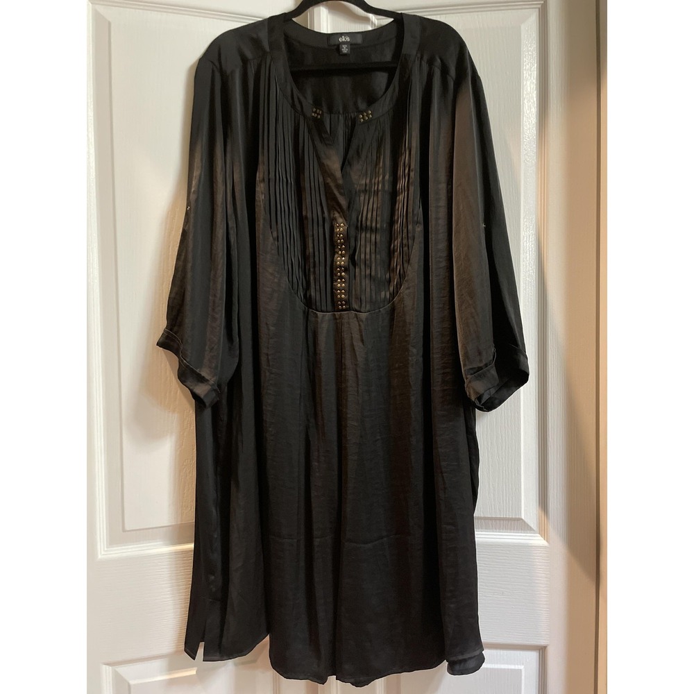 ellos Tunic Shirt Womens 5X Black Pleated Bib Studded Snap Placket Roll Tab